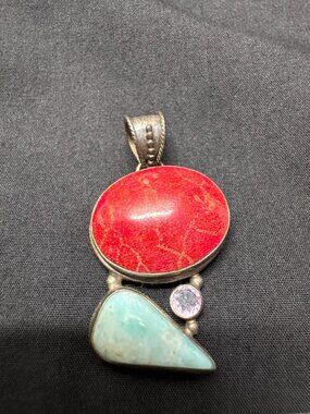 Sterling Silver Pendant With Red Coral Turquoise & Pink Stone Accents Boho Style